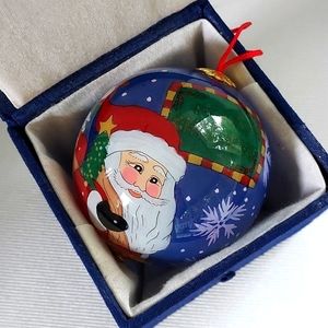 ORNAMENT Glass Inside Hand-Painted Hand-Blown Santa With Snowflakes With Box